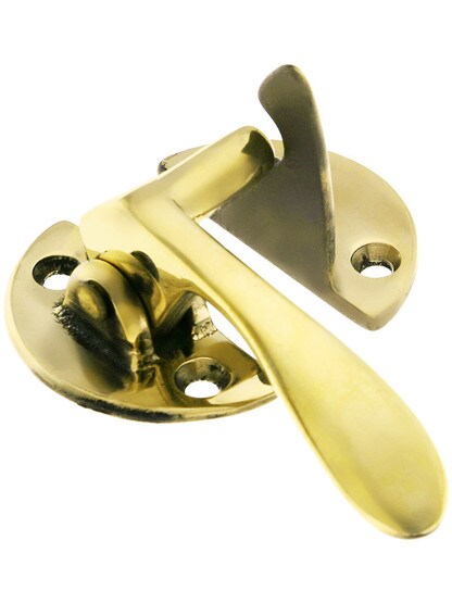 Solid Brass Left-Hand Flush Hoosier Cabinet Latch in Un-Lacquered Brass.